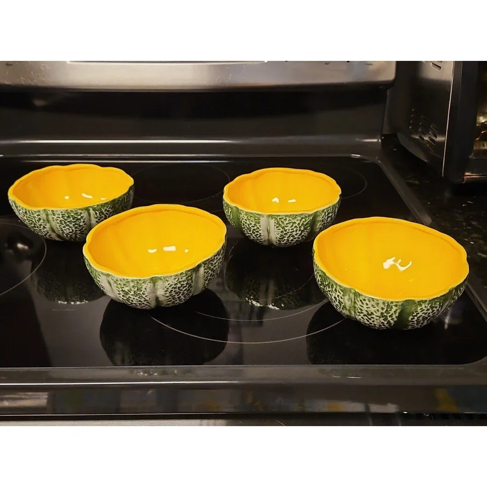 Set Of 4 Vintage Majolica Knobler Style Ceramic Cantaloupe Bowls EUC